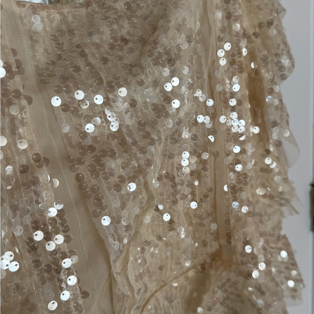 Anthropologie Cream Sequin Ruffle Blouse - Picture 3 of 7